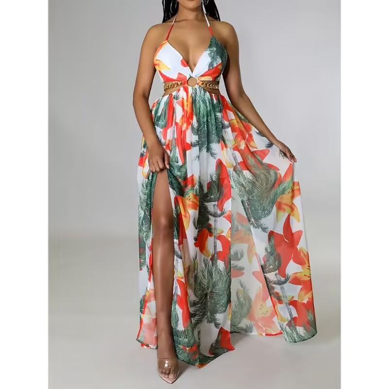 Women’s Floral Halter V-Neck Maxi Dress – Backless Cut-Out Waist High Slit Sleeveless Fit & Flare Gown