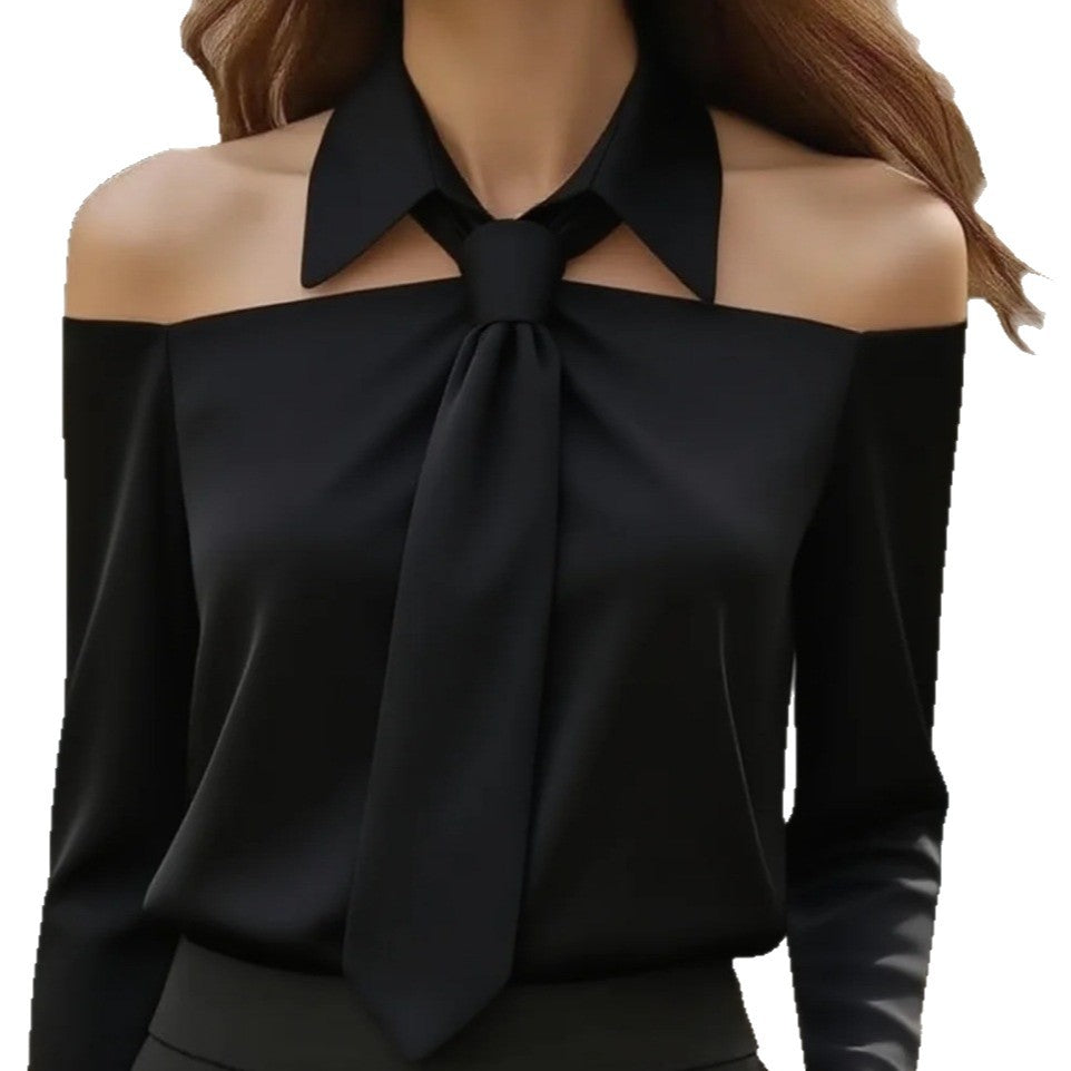 Chic Women’s Halter Neck Tank Blouse – Elegant Long Sleeve Lapel Top for Spring & Summer