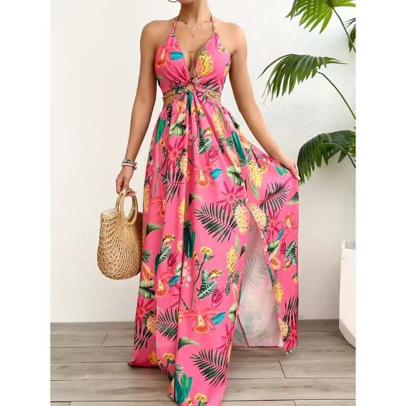 Women’s Floral Halter V-Neck Maxi Dress – Backless Cut-Out Waist High Slit Sleeveless Fit & Flare Gown