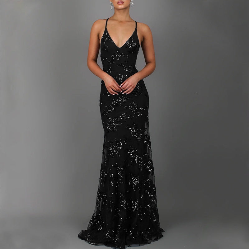 Elegant Sequin V-Neck Backless Maxi Dress – High Waist Evening Gown for Prom, Weddings & Formal Events