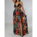 Women’s Floral Halter V-Neck Maxi Dress – Backless Cut-Out Waist High Slit Sleeveless Fit & Flare Gown