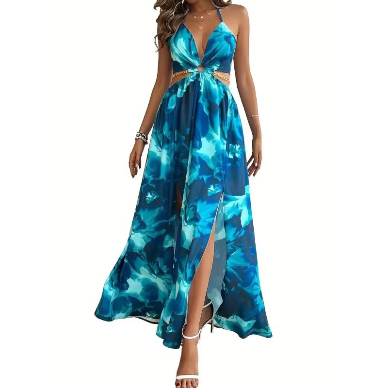 Women’s Floral Halter V-Neck Maxi Dress – Backless Cut-Out Waist High Slit Sleeveless Fit & Flare Gown
