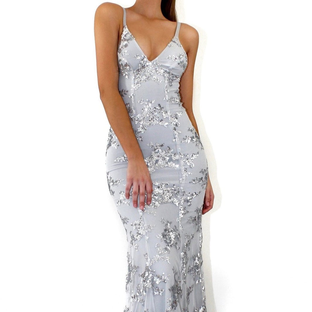 Elegant Sequin V-Neck Backless Maxi Dress – High Waist Evening Gown for Prom, Weddings & Formal Events