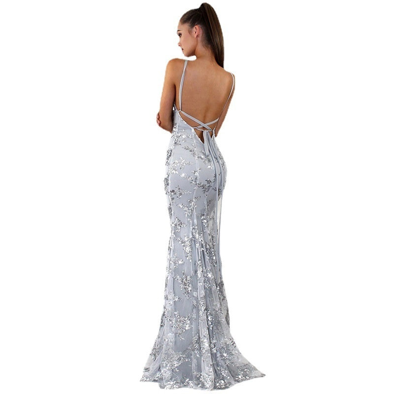 Elegant Sequin V-Neck Backless Maxi Dress – High Waist Evening Gown for Prom, Weddings & Formal Events