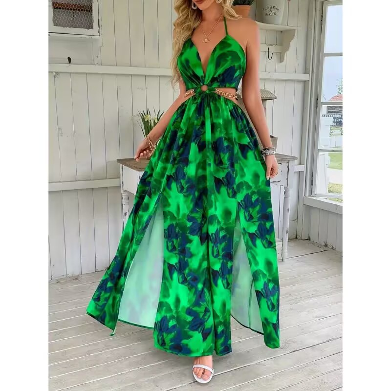 Women’s Floral Halter V-Neck Maxi Dress – Backless Cut-Out Waist High Slit Sleeveless Fit & Flare Gown