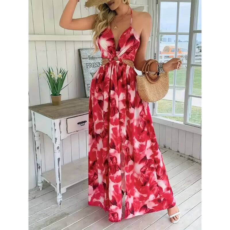 Women’s Floral Halter V-Neck Maxi Dress – Backless Cut-Out Waist High Slit Sleeveless Fit & Flare Gown